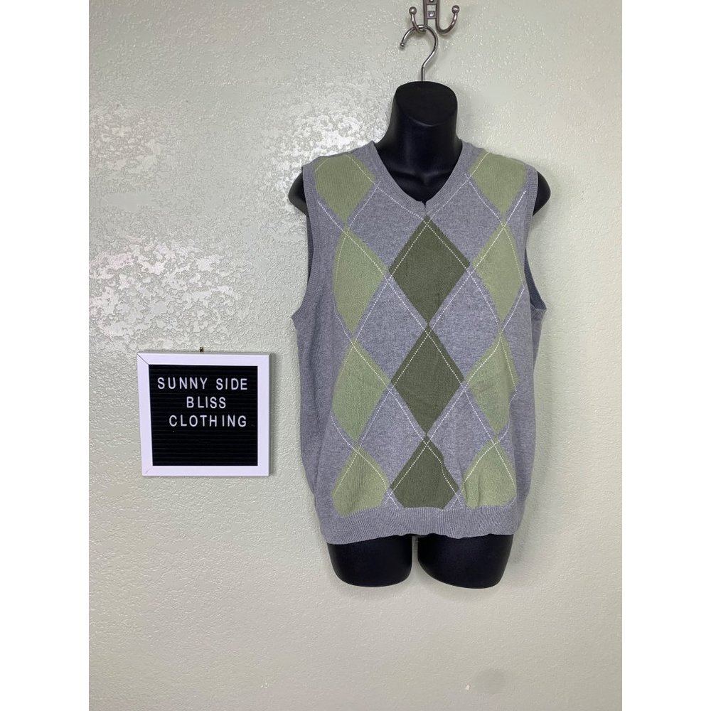 Van Heusen Argyle V-Neck Sweater Vest Gray Green Preppy Academia Size Small